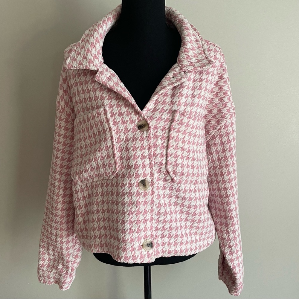 Stoosh Pink and White Houndstooth Cropped Jacket